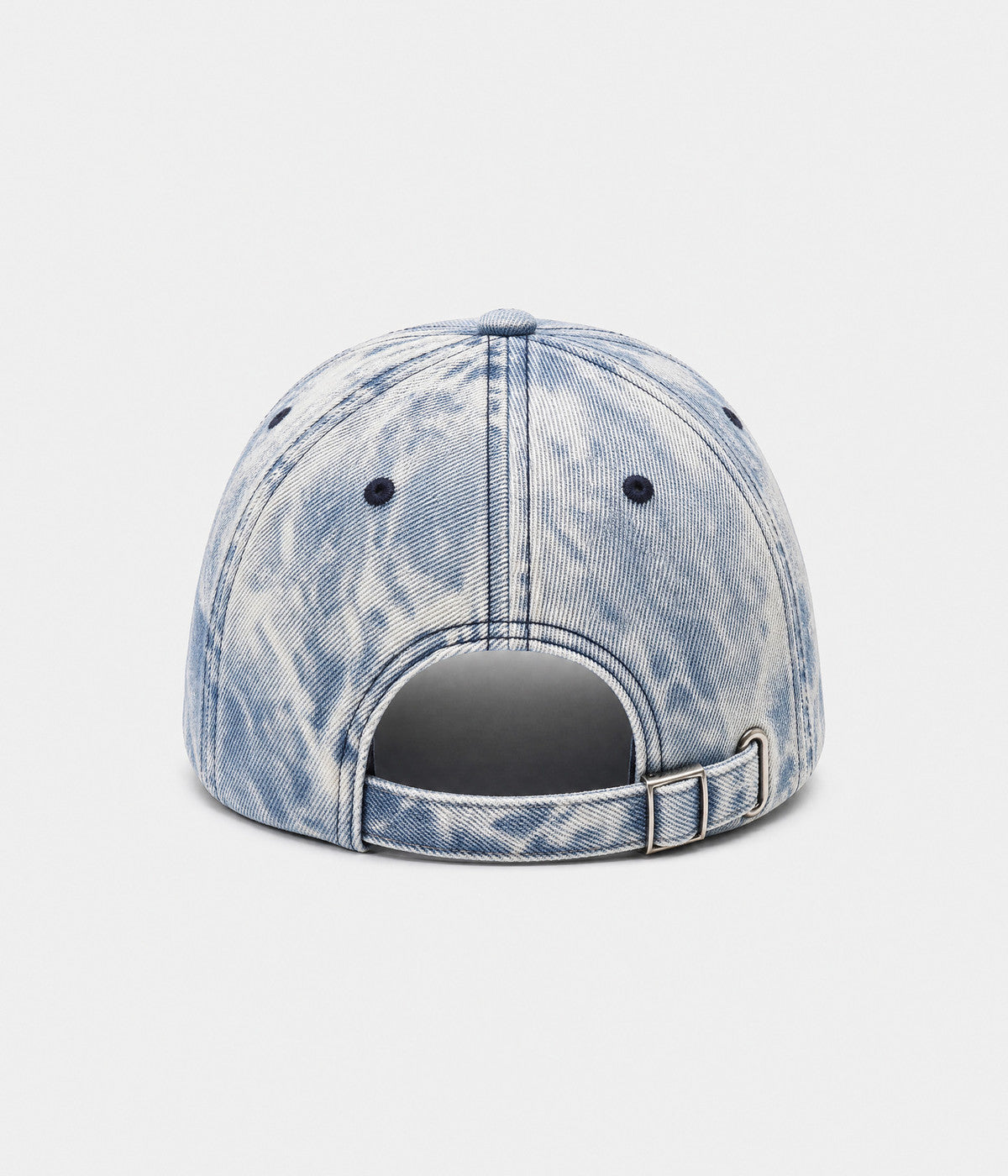 SNOW WASH DENIM. acid-washed denim cap in blue, back view