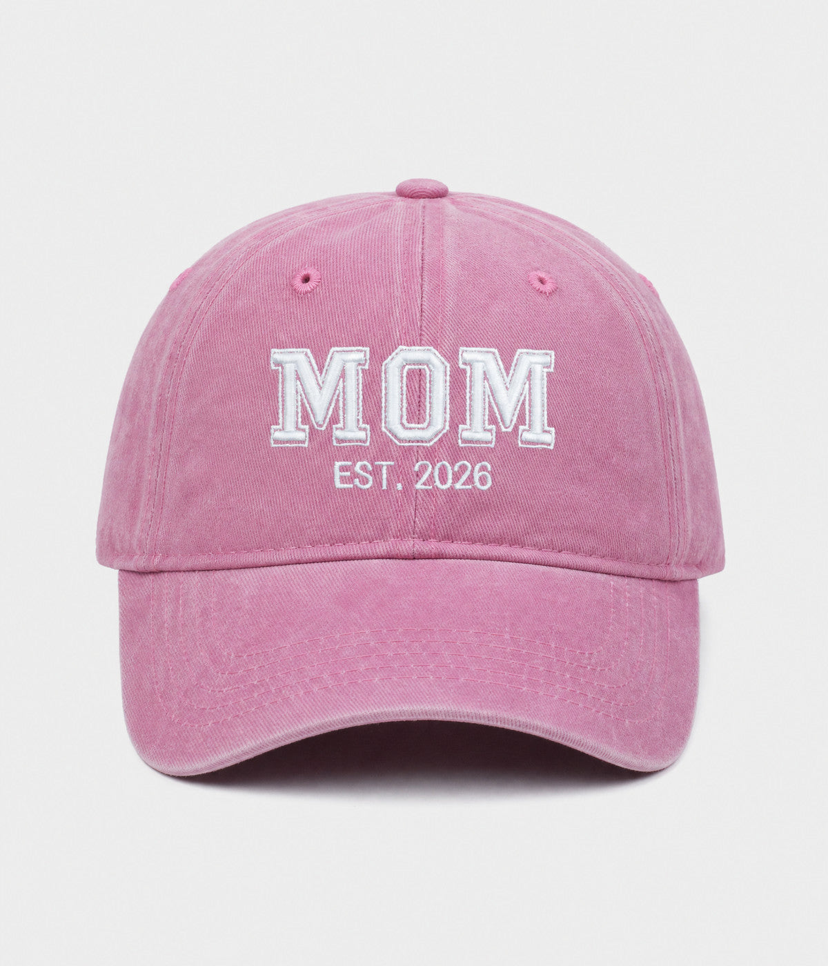 WASHED MOM EST 2026. washed cotton dad cap in PINK, front view