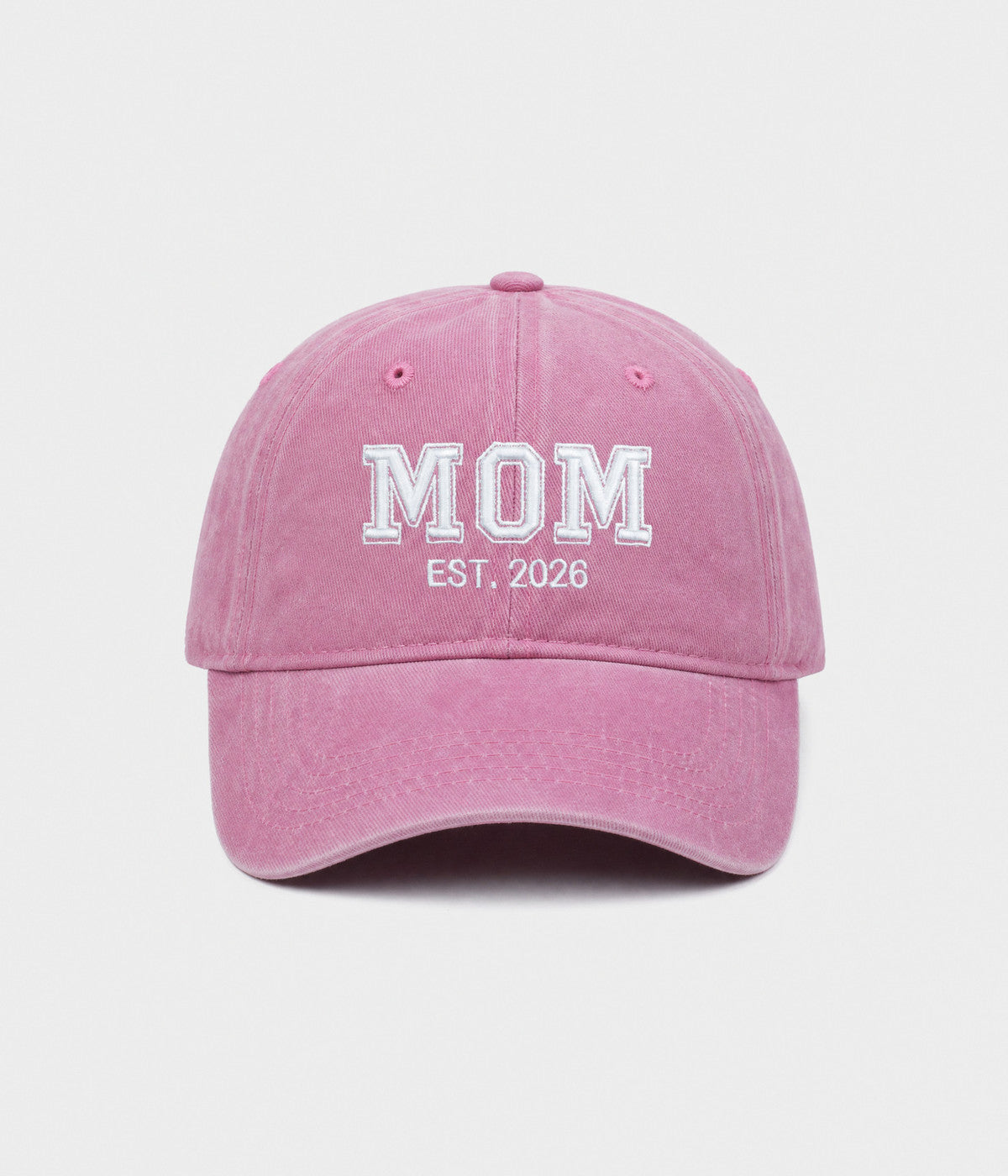 WASHED MOM EST 2026. washed cotton dad cap in PINK, front view