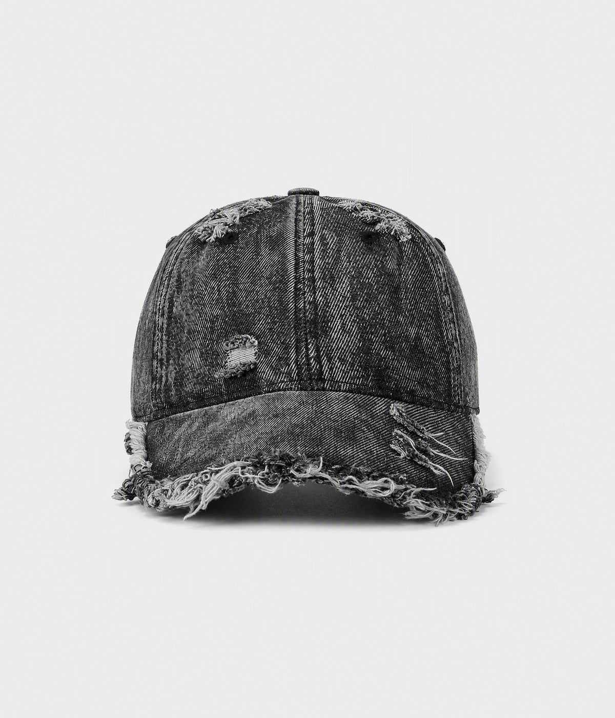 SHREDDED DENIM. acid-wash cotton denim cap in black, front view