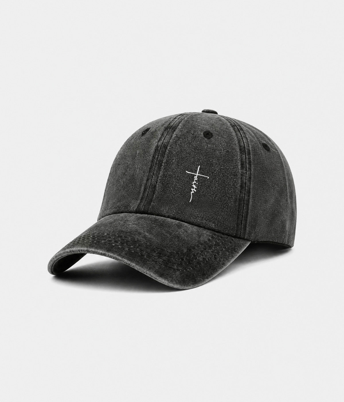 FAITH CROSS. washed cotton cap in BLACK, side view