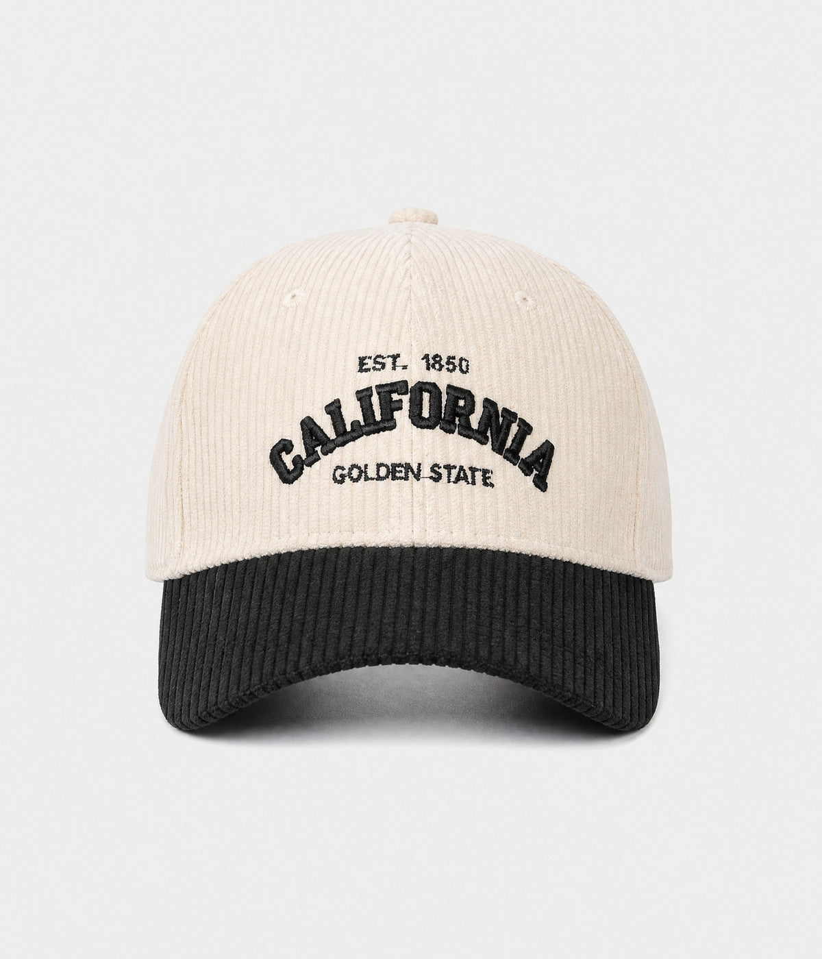 CALIFORNIA CORDUROY. corduroy cap in CREAM/BLACK, front view
