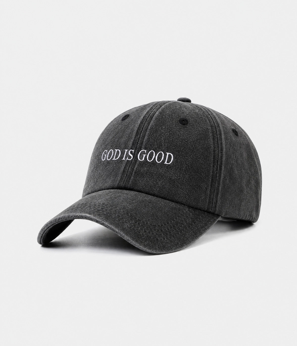 GOD IS GOOD. washed cotton cap in black, side view