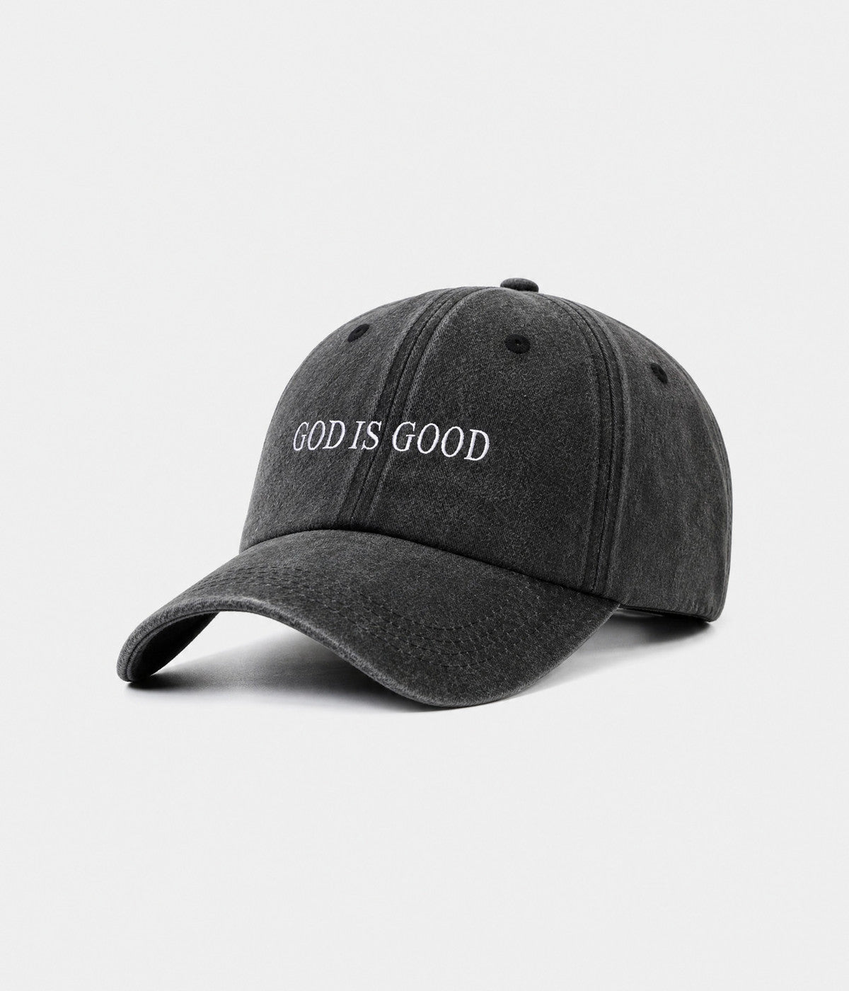 GOD IS GOOD. washed cotton cap in black, side view