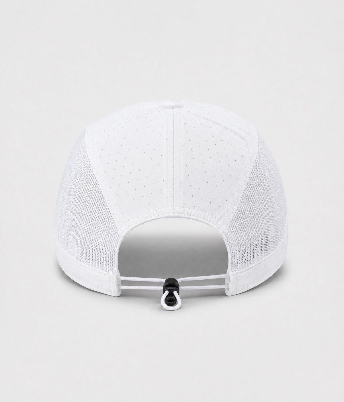 RUNNER CAP. perforated quick-dry running cap in white, back view