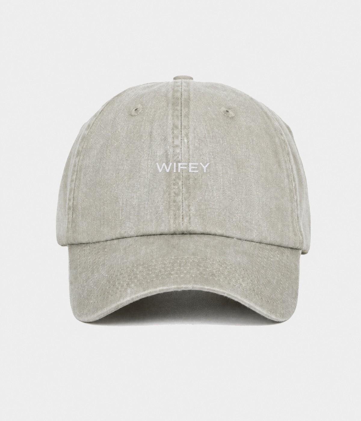WASHED WIFEY. washed cotton dad cap in GRAYISH SHEEN, front view