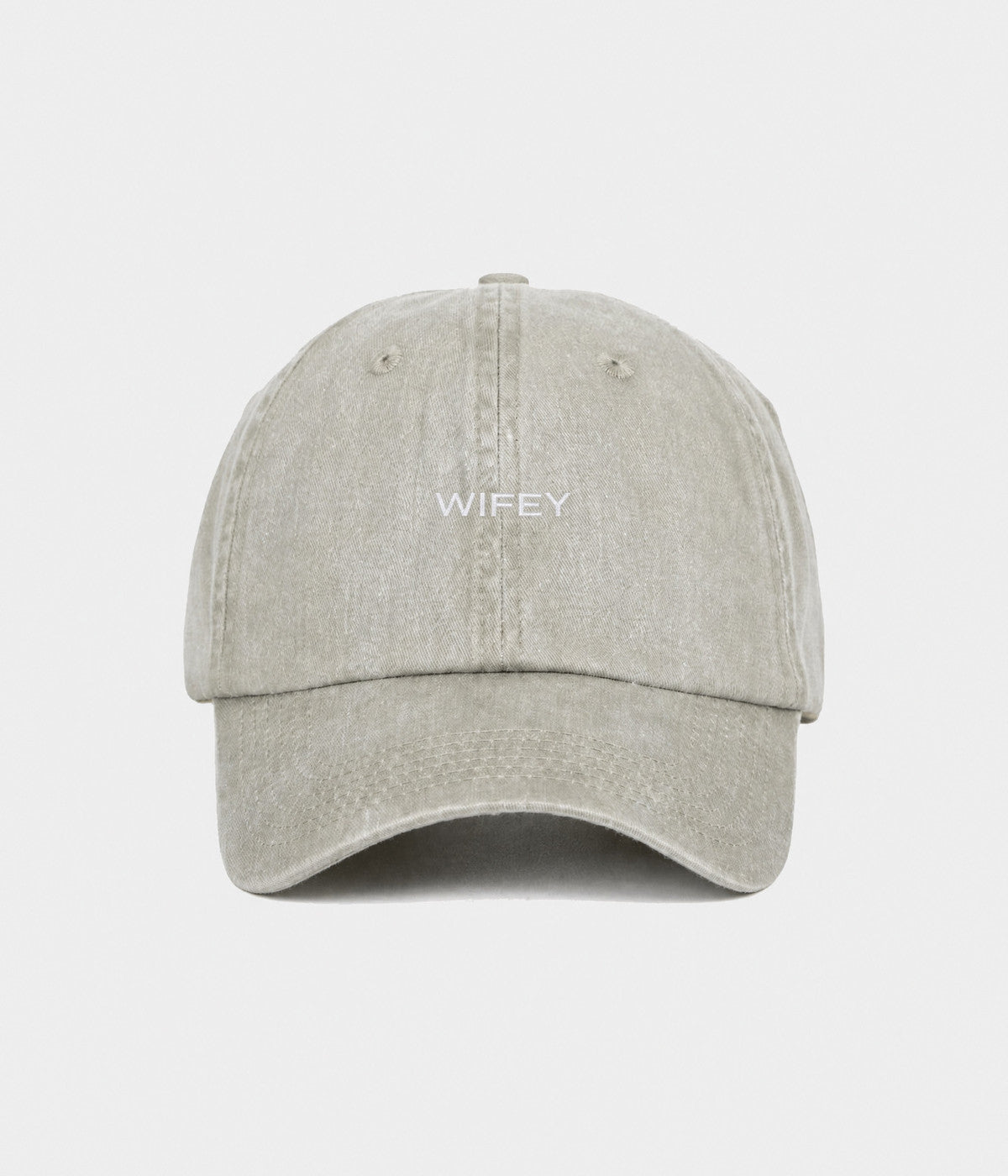 WASHED WIFEY. washed cotton dad cap in GRAYISH SHEEN, front view