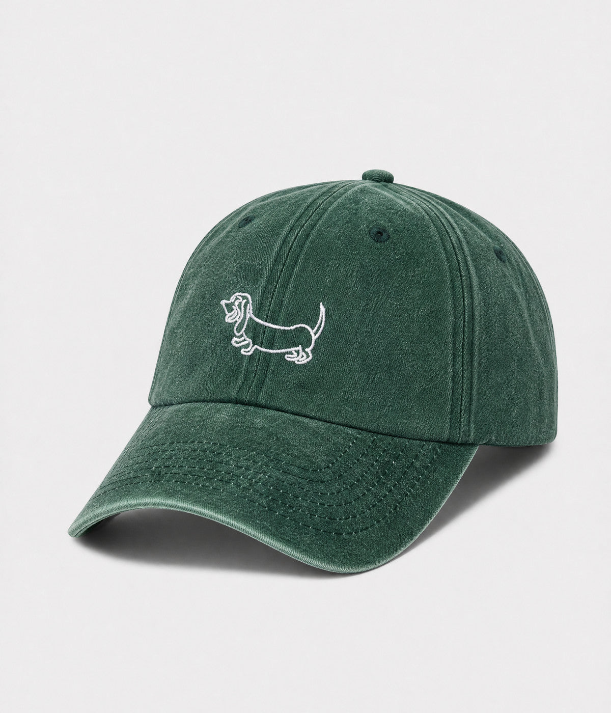 WASHED SAUSAGE DOG. washed cotton cap in GREEN, side view