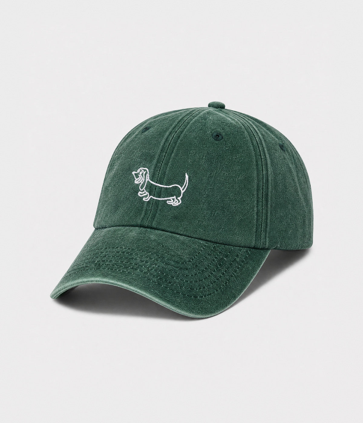 WASHED SAUSAGE DOG. washed cotton cap in GREEN, side view