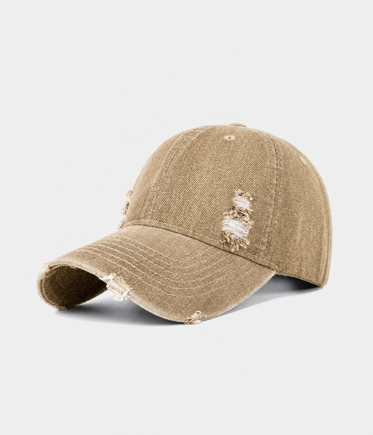 RIPPED DENIM. washed cotton denim cap in khaki, side view
