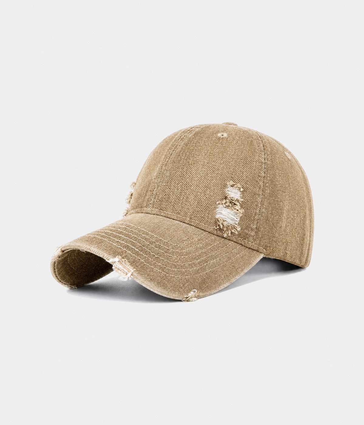 RIPPED DENIM. washed cotton denim cap in khaki, side view