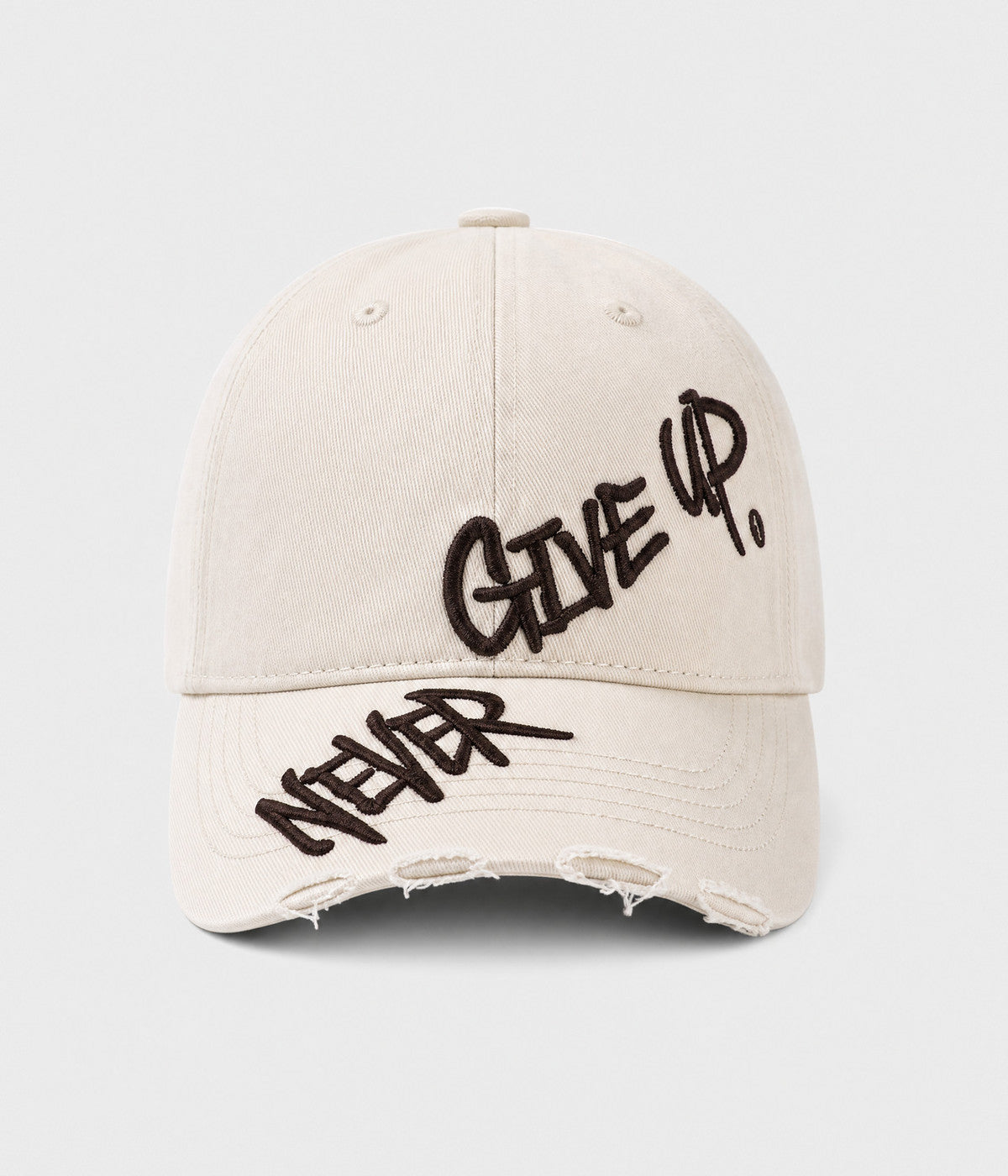 NEVER GIVE UP. washed distressed cotton dad cap in BEIGE, front view
