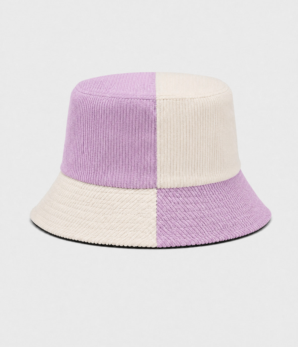 PATCHWORK BUCKET. corduroy bucket hat in LILAC BEIGE, front view