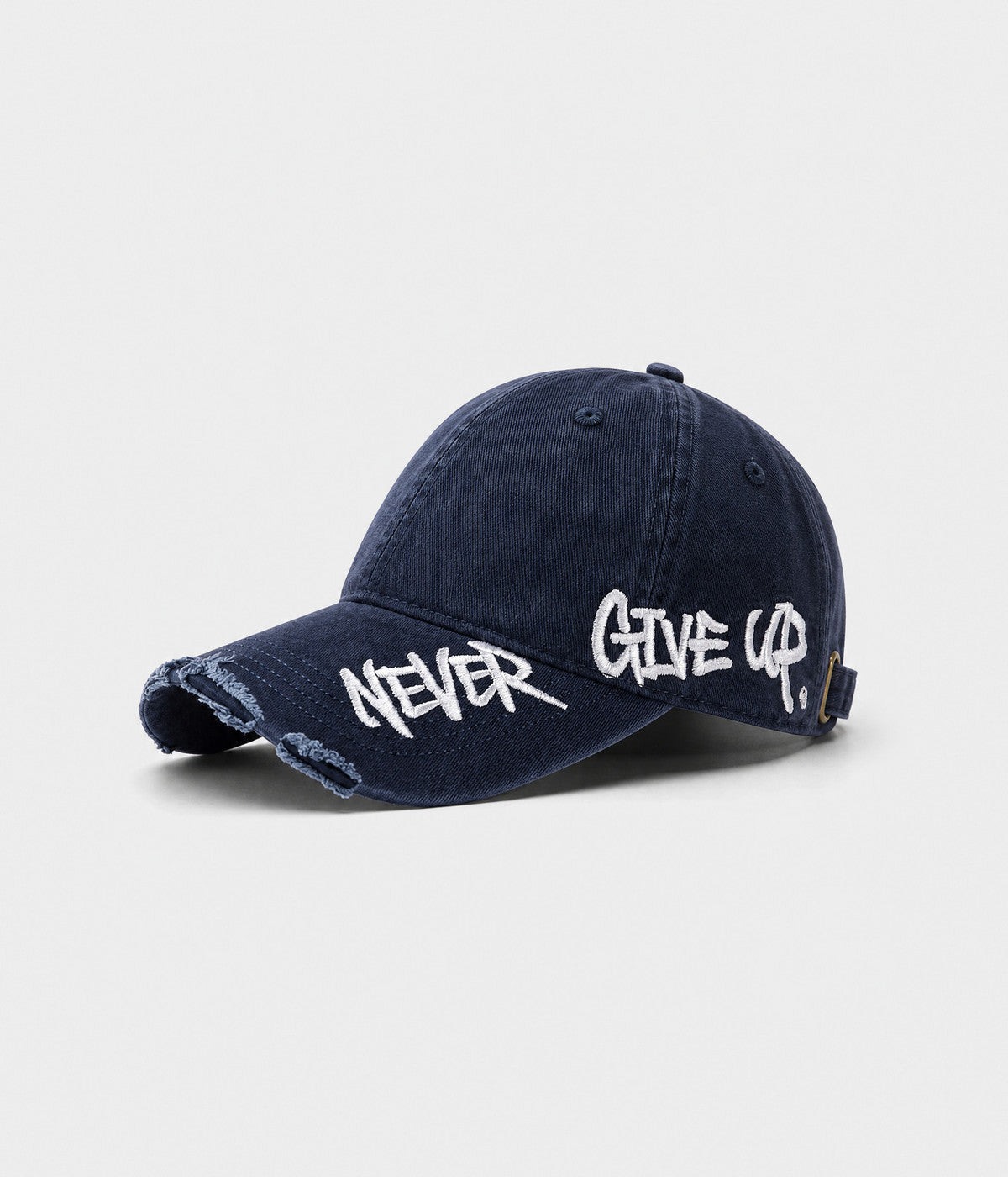 NEVER GIVE UP. washed distressed cotton dad cap in NAVY, side view