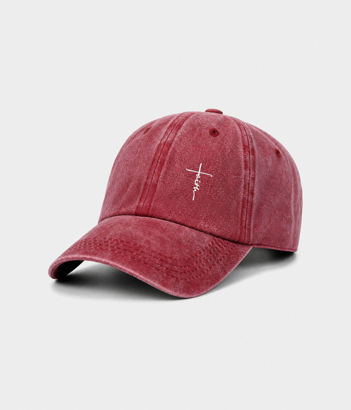 FAITH CROSS. washed cotton cap in RED, side view