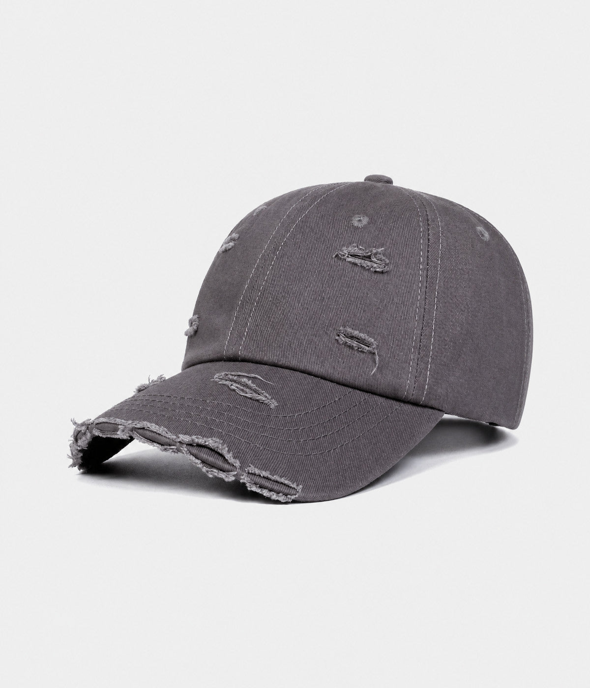 RIPPED COTTON. distressed cotton cap in dark gray, side view