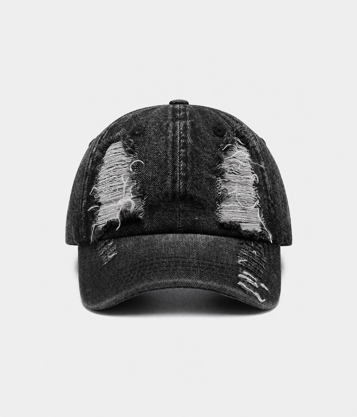 TORN DENIM. washed cotton denim cap in black, front view