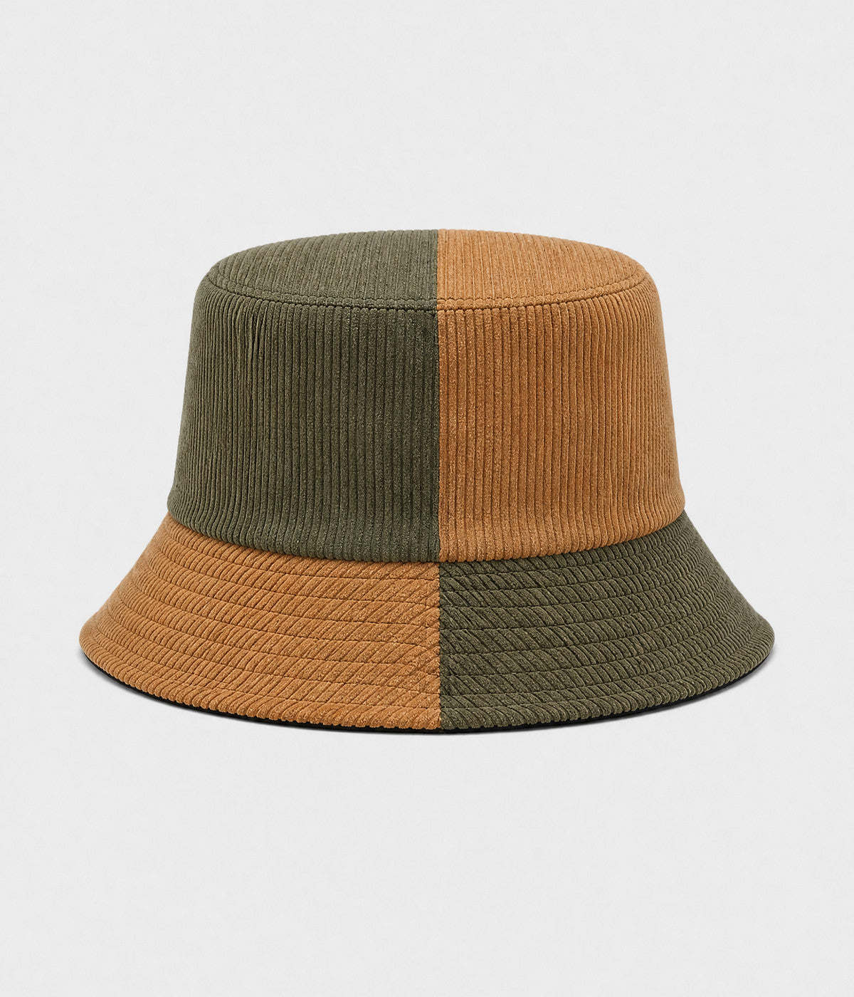 PATCHWORK BUCKET. corduroy bucket hat in OLIVE BROWN, front view