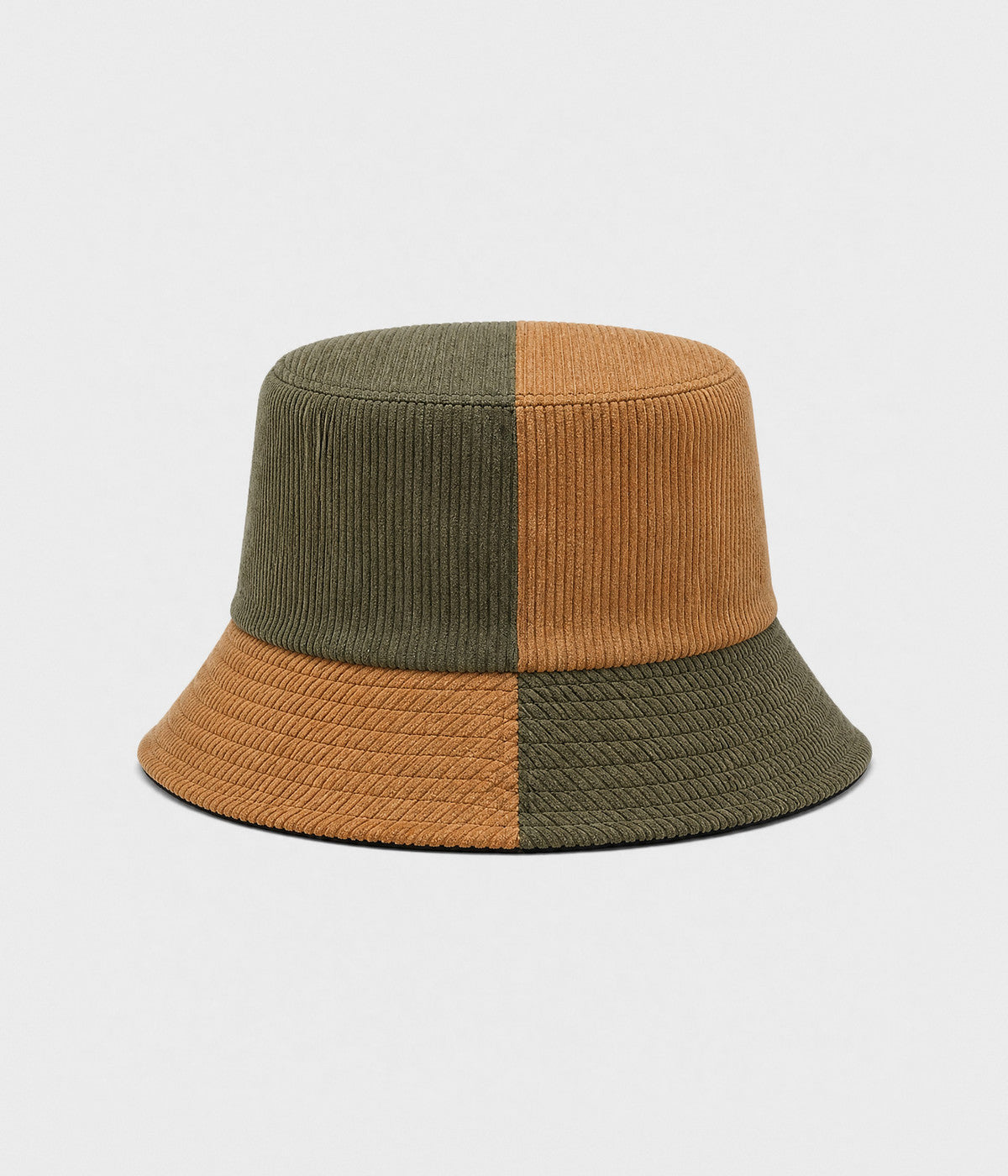 PATCHWORK BUCKET. corduroy bucket hat in OLIVE BROWN, front view