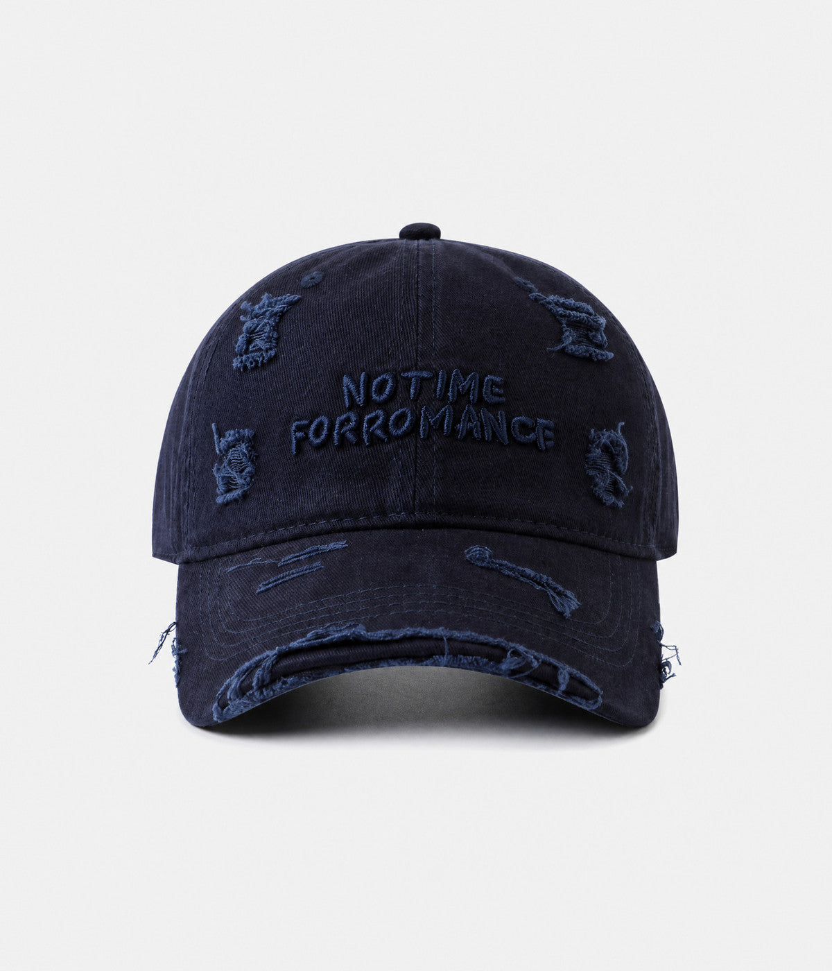 NO TIME FOR ROMANCE. washed cotton cap in NAVY, front view