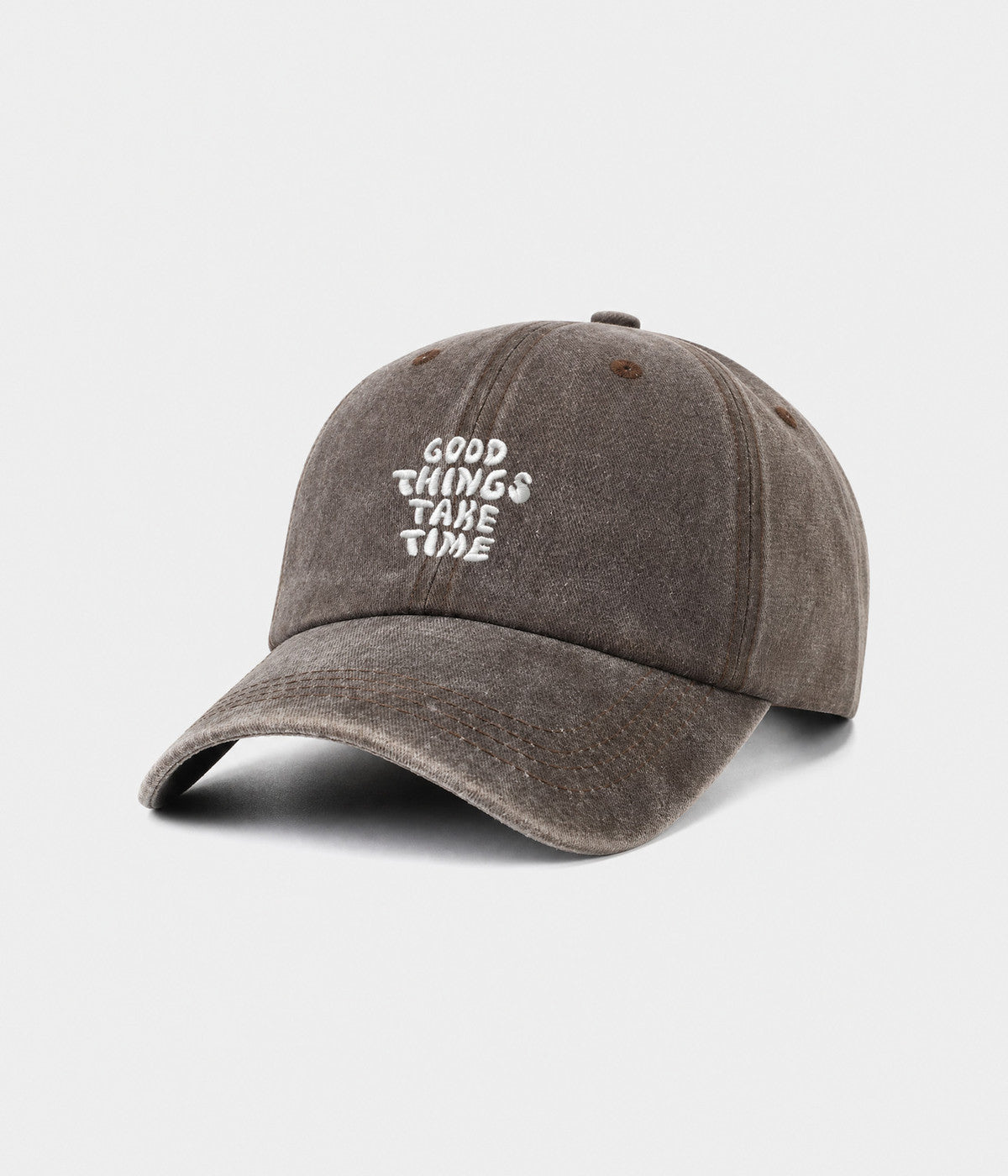 GOOD THINGS TAKE TIME. washed cotton dad cap in coffee, side view