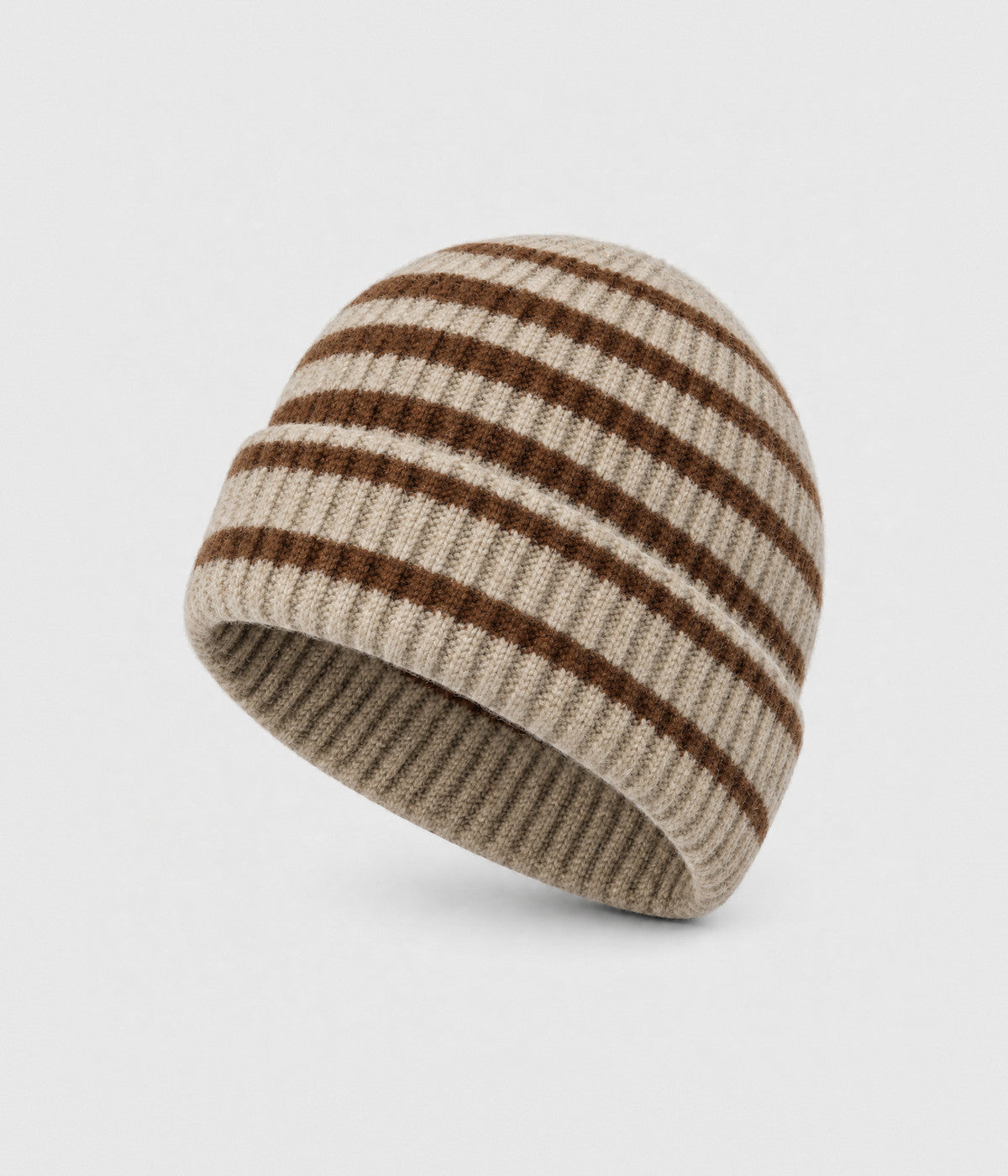 STRIPED BEANIE. ribbed knit beanie in brown, front view