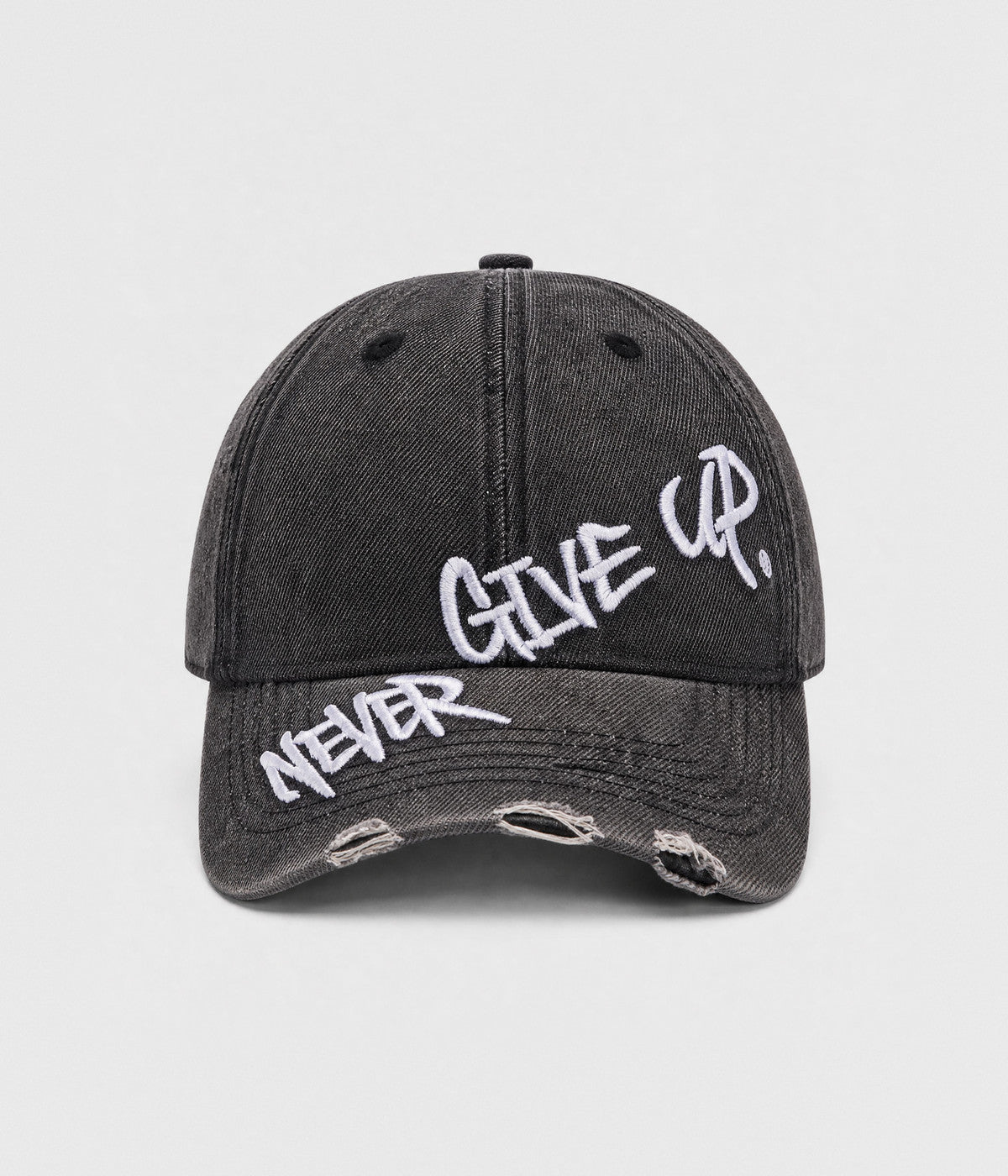 NEVER GIVE UP. washed distressed cotton dad cap in GRAY, front view