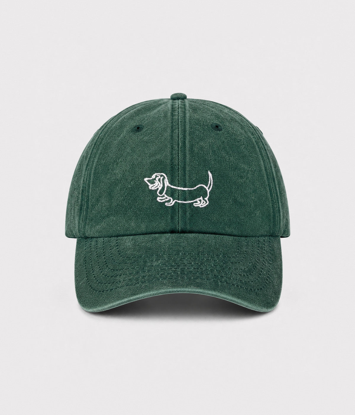 WASHED SAUSAGE DOG. washed cotton cap in GREEN, front view