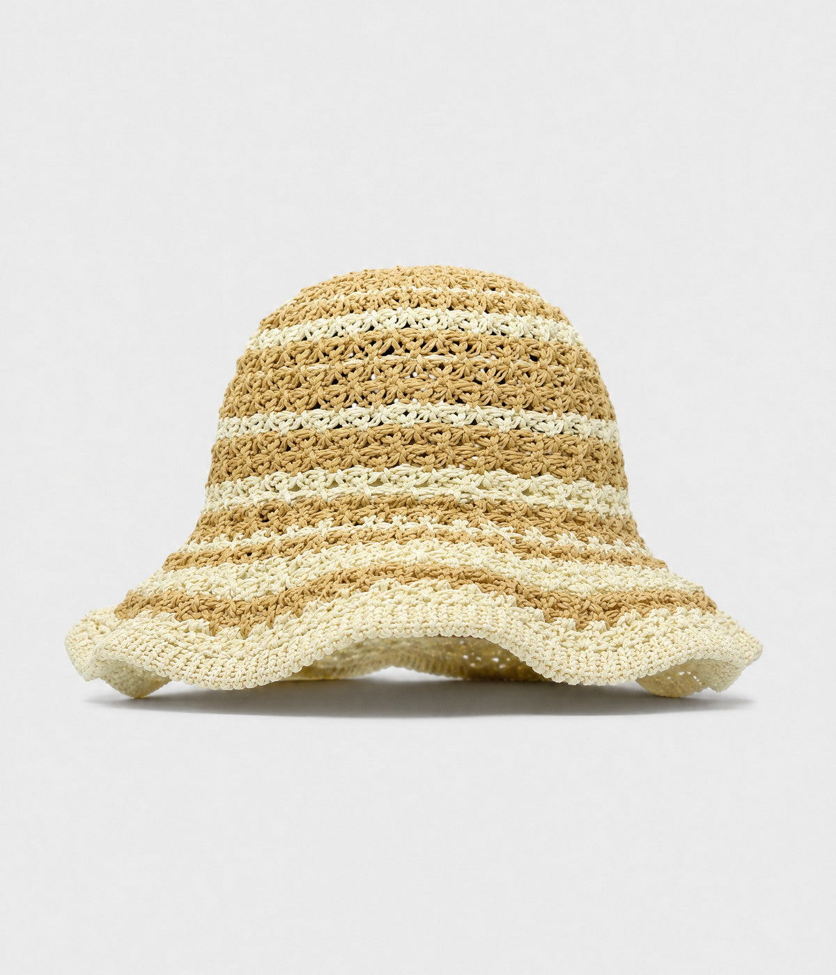 SCALLOPED CROCHET BUCKET. crochet bucket hat with wavy scalloped brim in khaki, front view