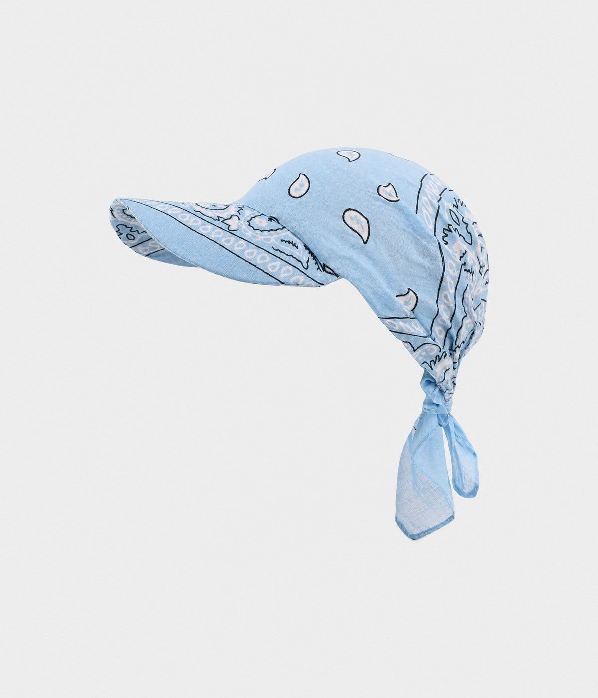 PEAKED BANDANA CAP. peaked paisley bandana cap in light blue, front view