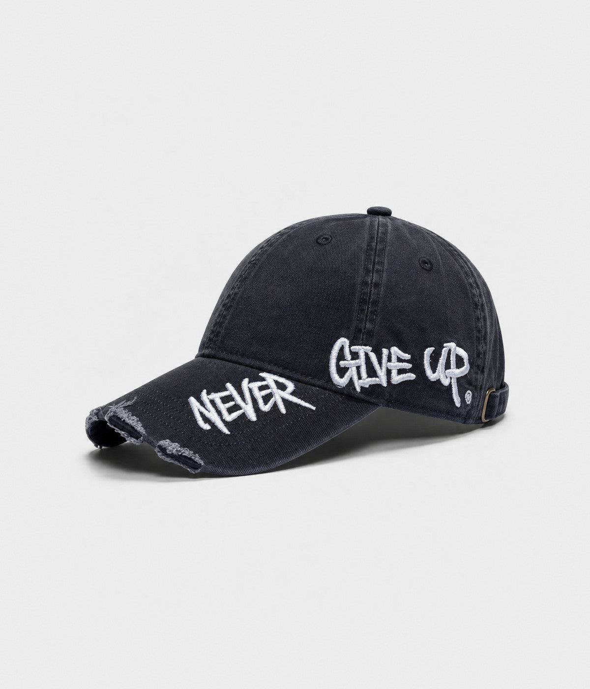 NEVER GIVE UP. washed distressed cotton dad cap in BLACK, side view