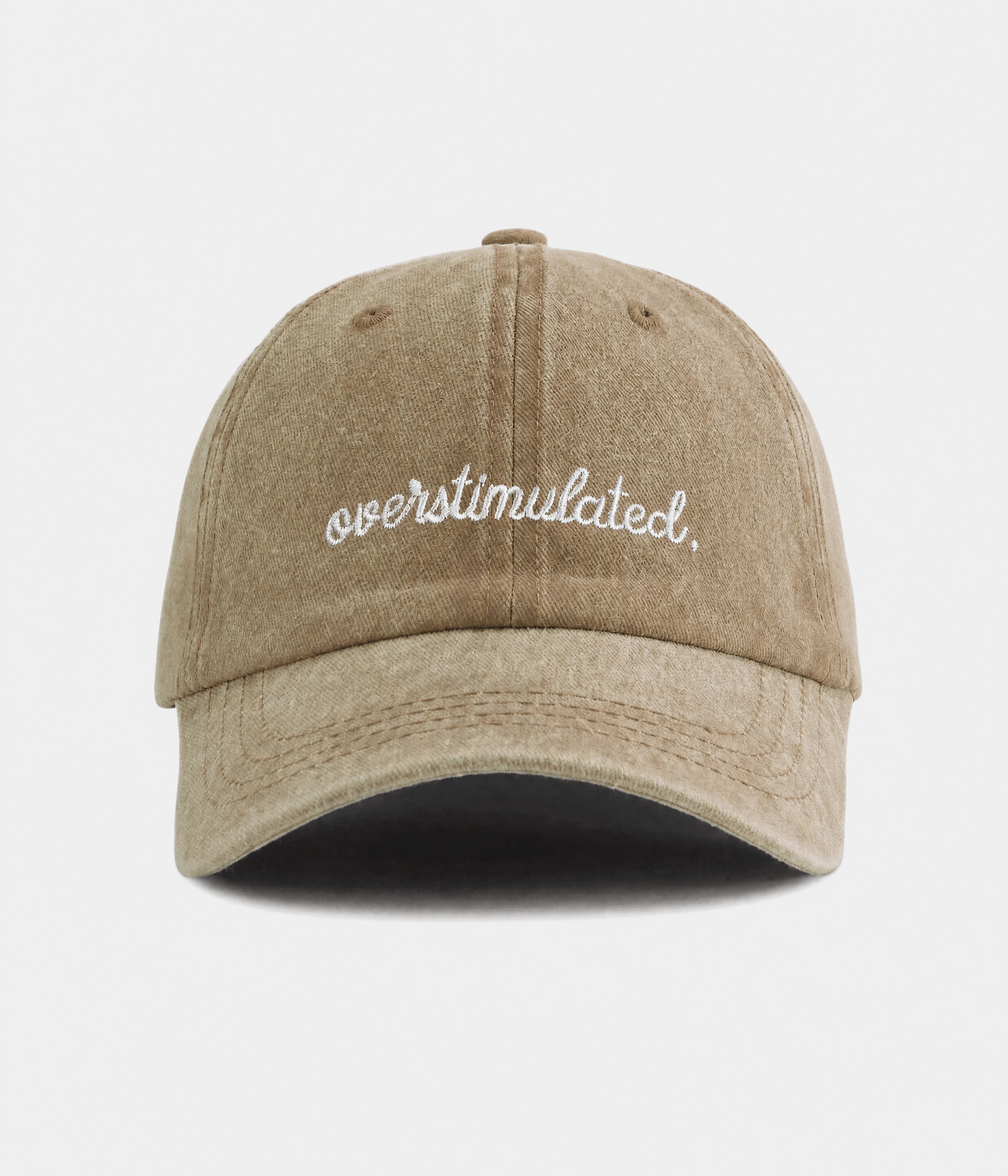 OVERSTIMULATED. washed cotton dad cap in khaki, front view