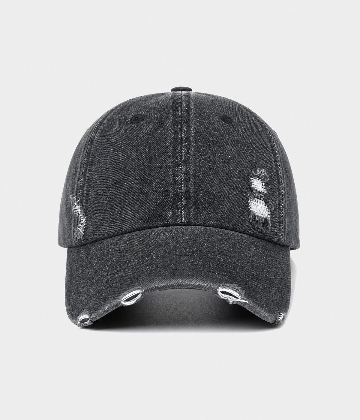 RIPPED DENIM. washed cotton denim cap in black, front view