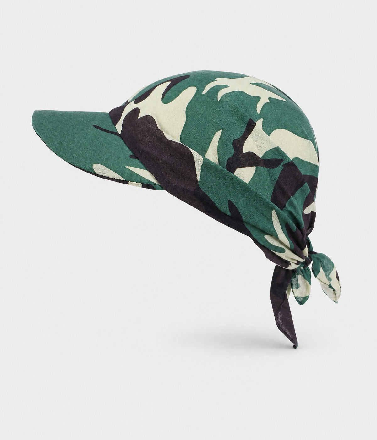 PEAKED BANDANA CAP. peaked bandana cap in woodland camo, front view