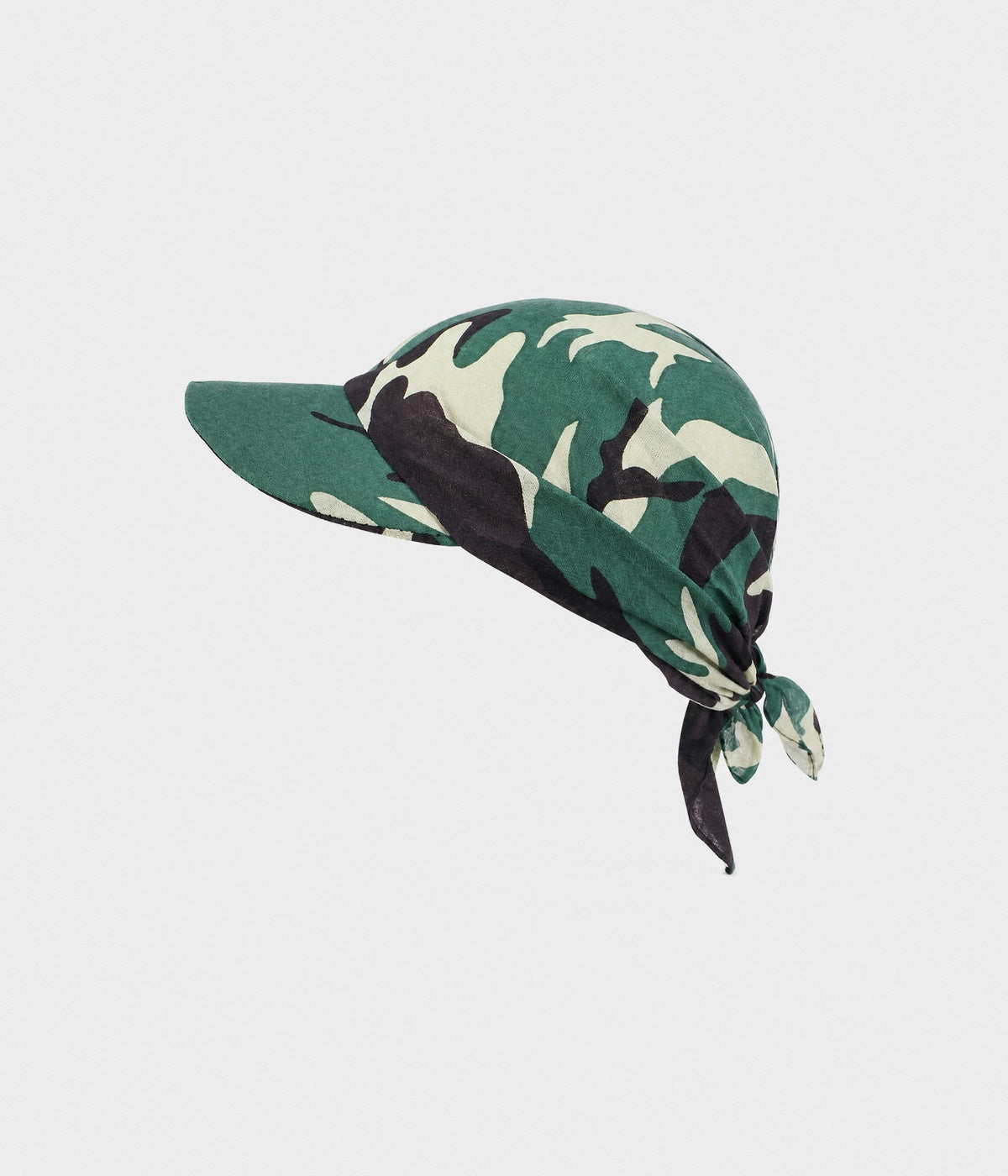 PEAKED BANDANA CAP. peaked bandana cap in woodland camo, front view