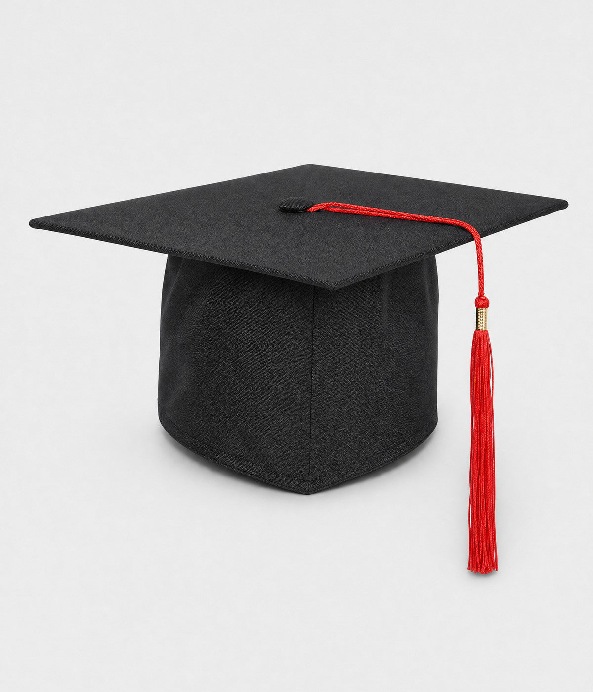 GRADUATION CAP. black mortarboard with red tassel, front view