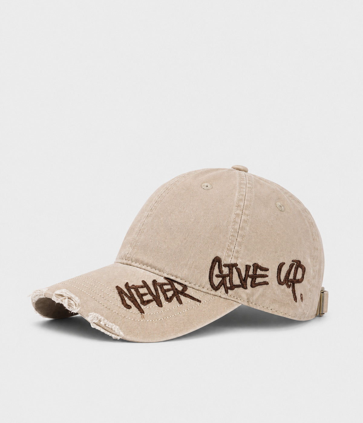NEVER GIVE UP. washed distressed cotton dad cap in KHAKI, side view