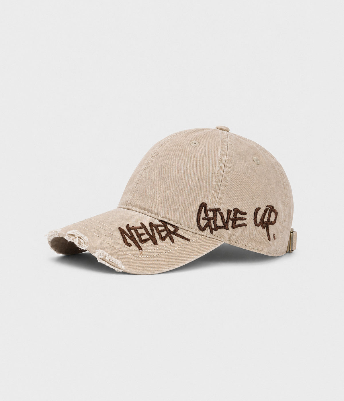NEVER GIVE UP. washed distressed cotton dad cap in KHAKI, side view