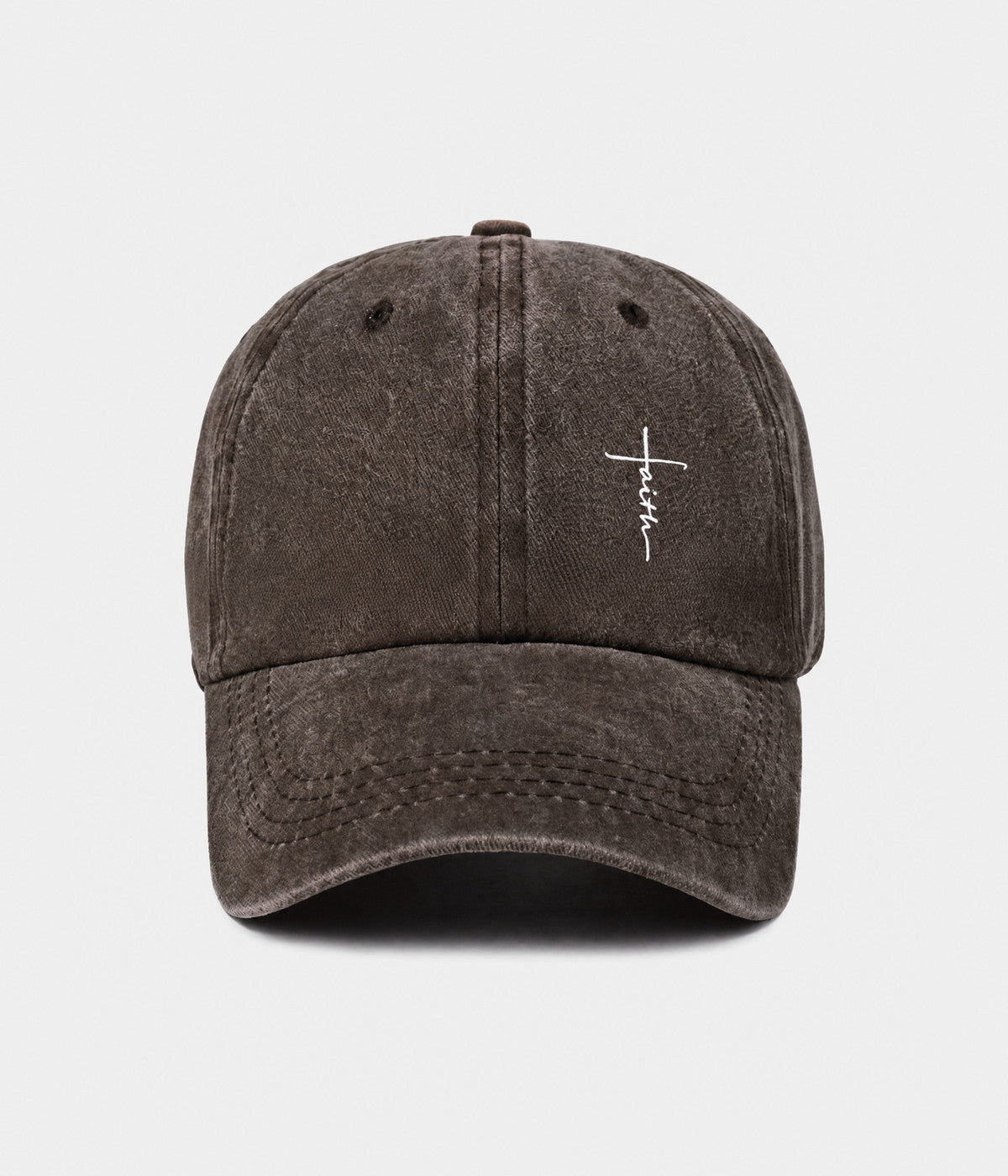 FAITH CROSS. washed cotton cap in COFFEE, front view
