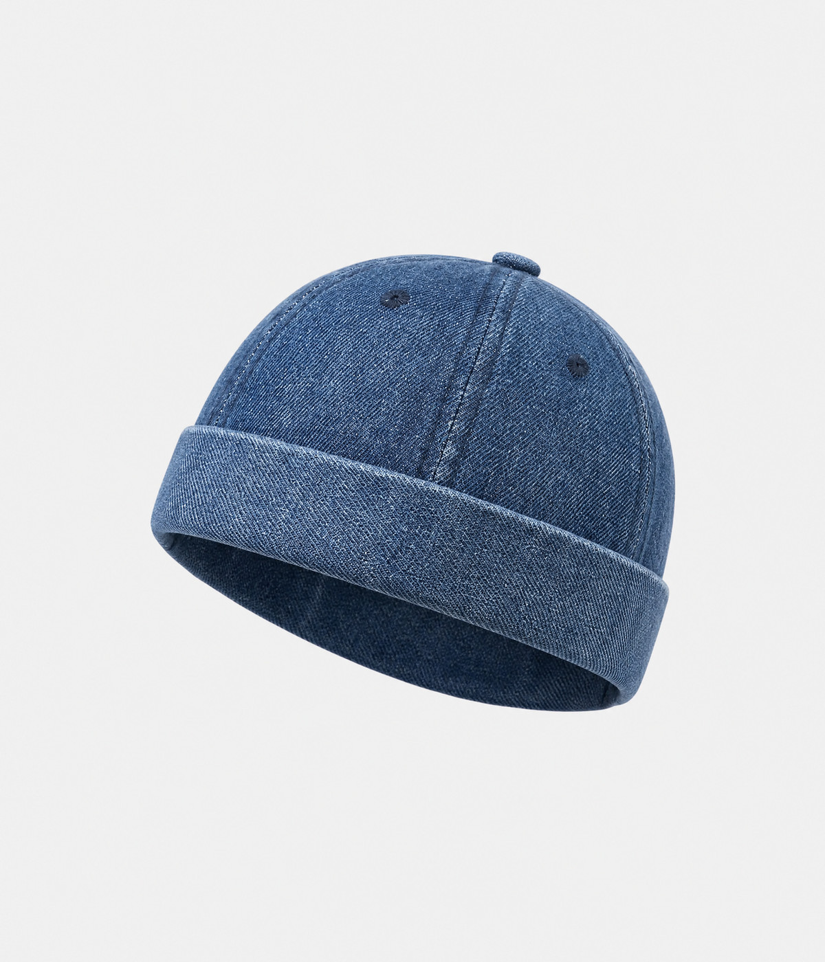 WASHED DENIM FISHERMAN BEANIE. navy front