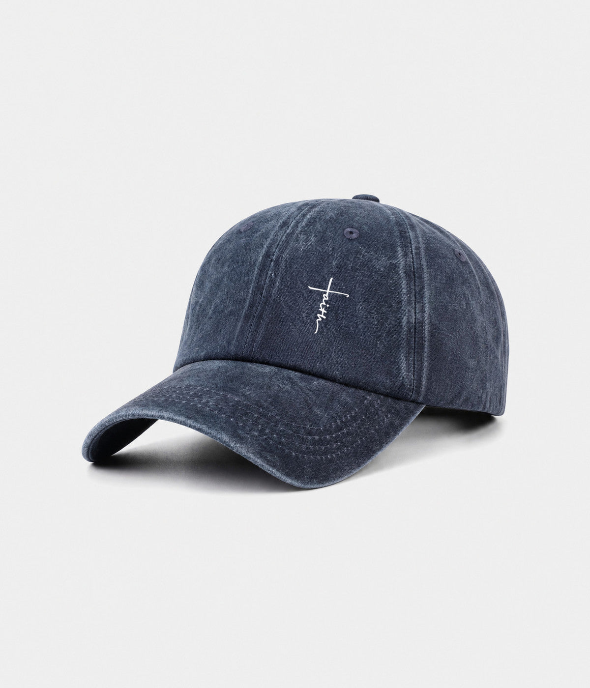 FAITH CROSS. washed cotton cap in NAVY, side view