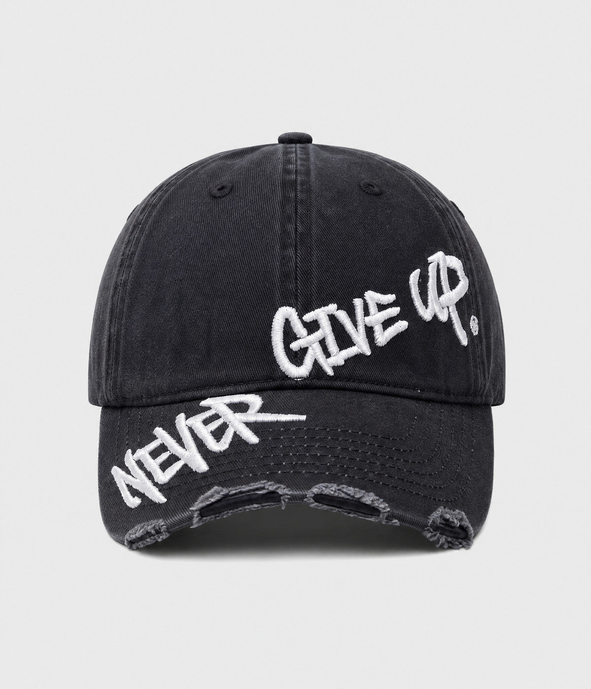 NEVER GIVE UP. washed distressed cotton dad cap in BLACK, front view