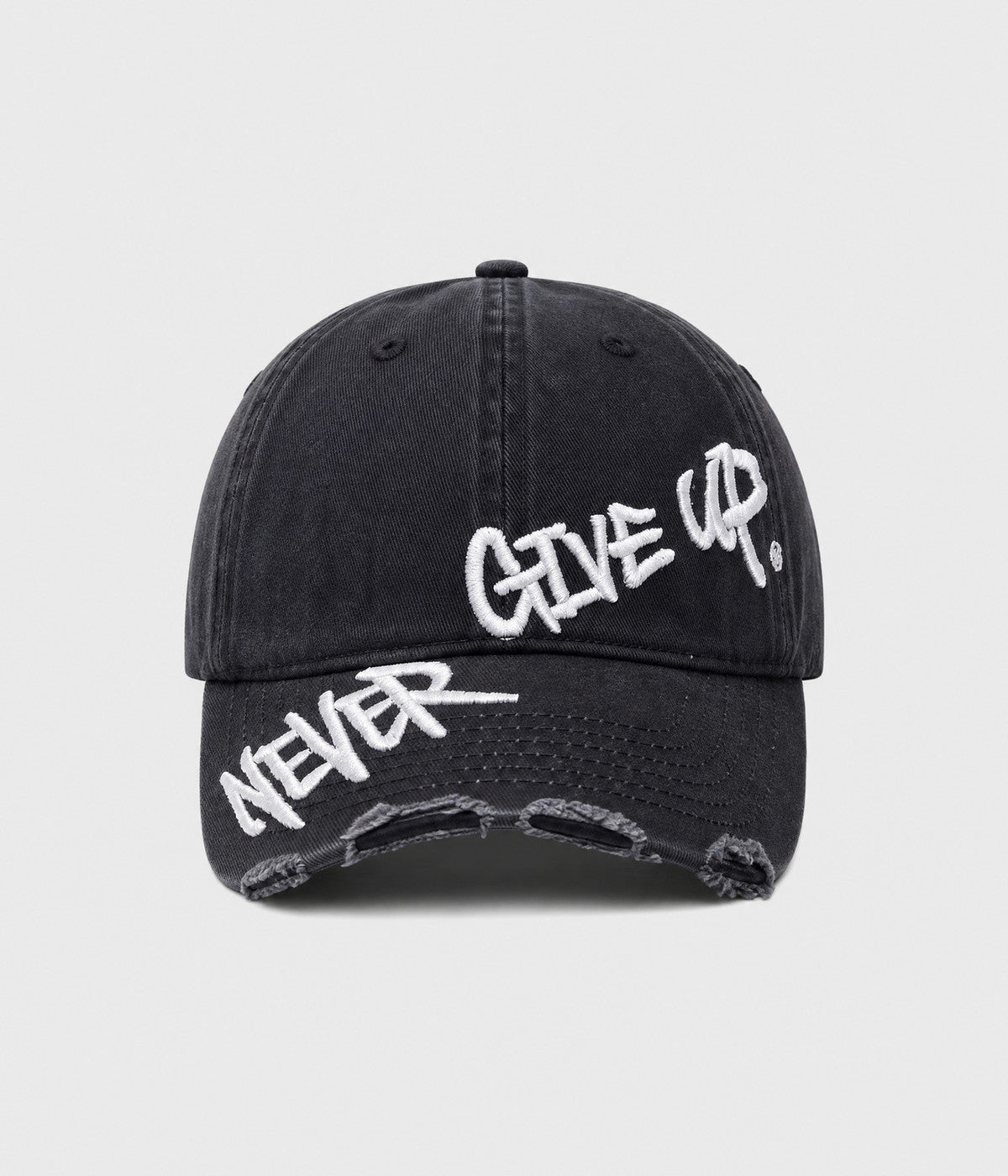 NEVER GIVE UP. washed distressed cotton dad cap in BLACK, front view