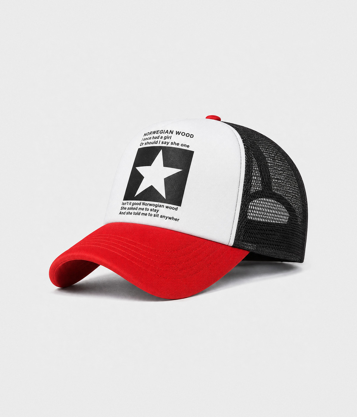 STAR TRUCKER. cotton-polyester trucker cap in red, side view