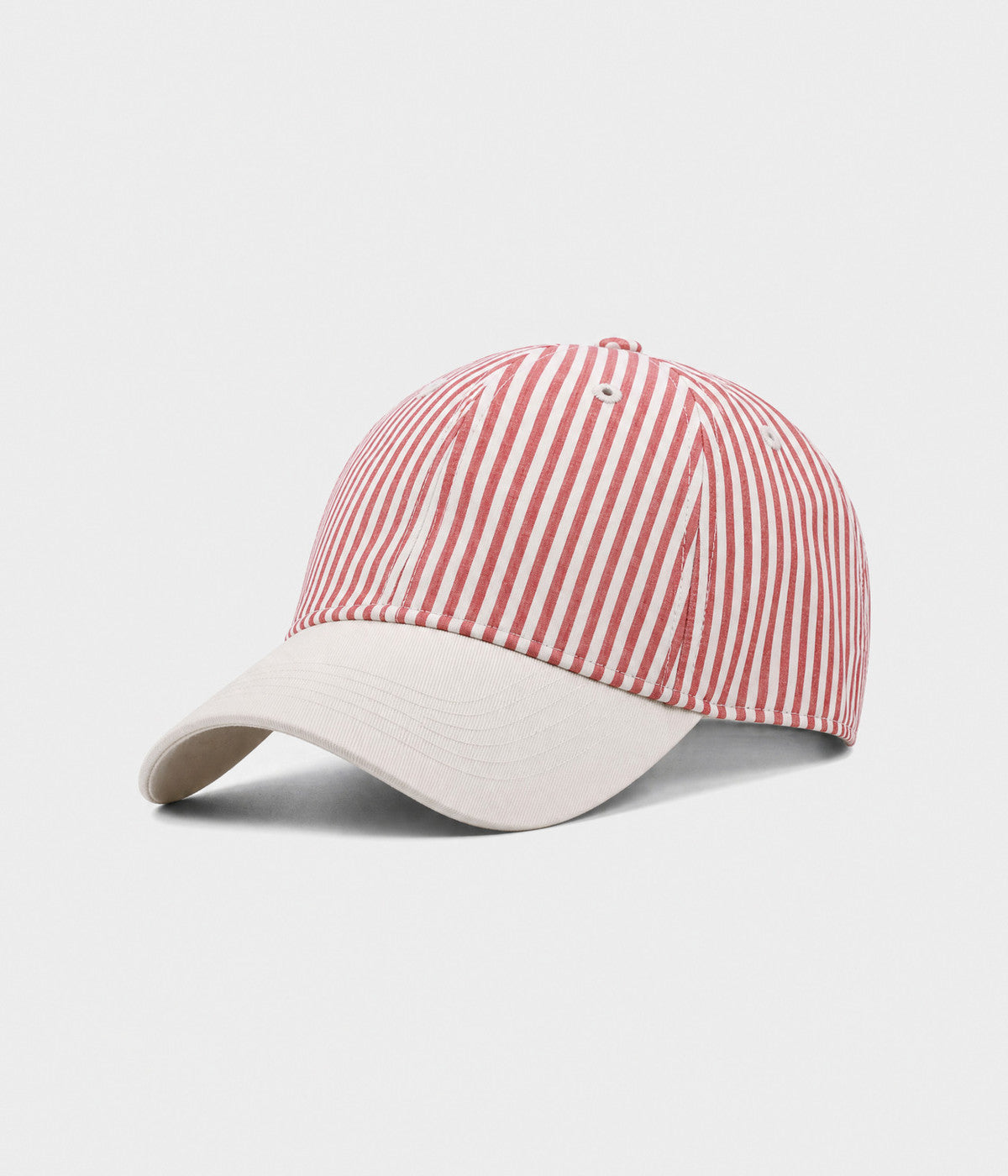CANDY STRIPE. striped unstructured cap in RED, side view
