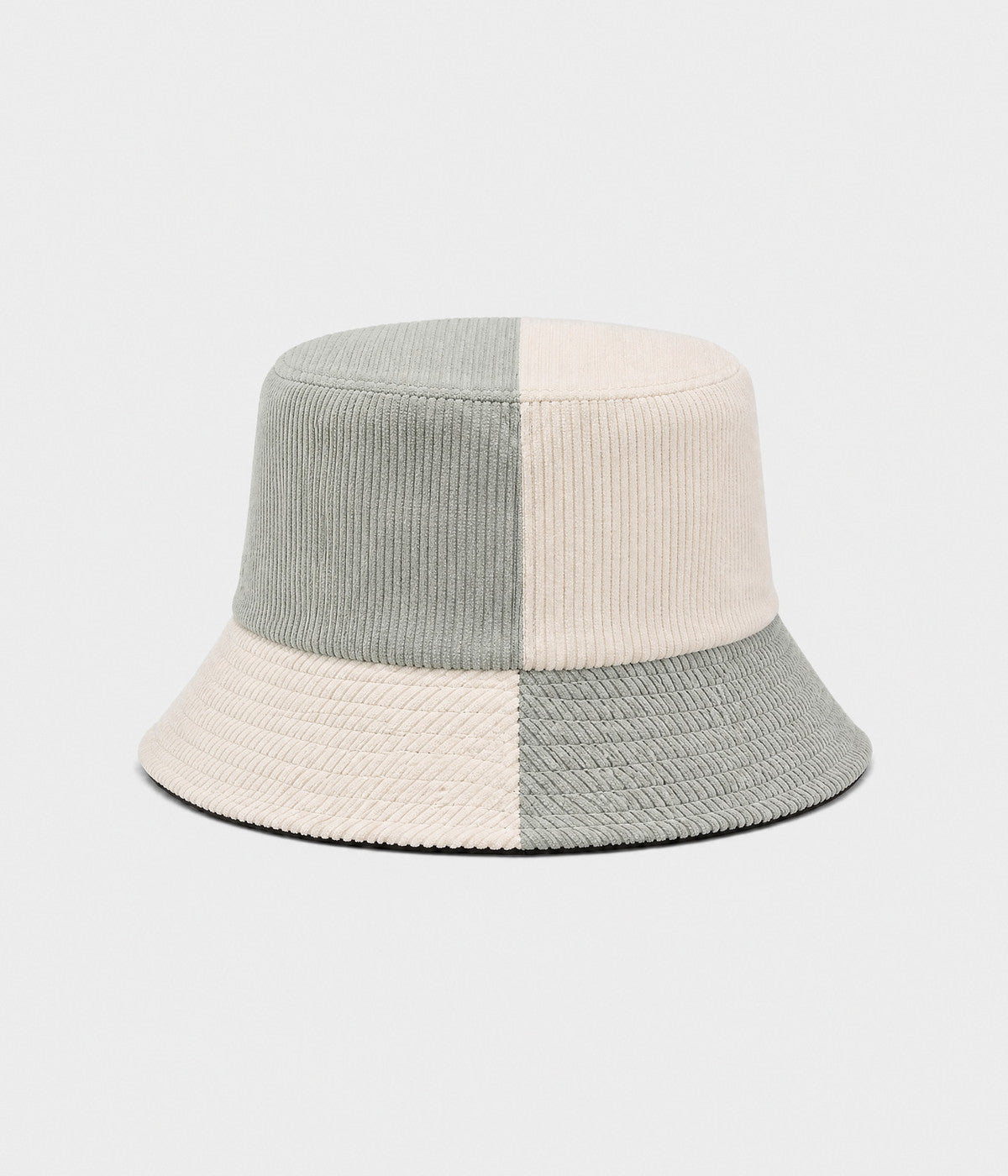 PATCHWORK BUCKET. corduroy bucket hat in SAGE BEIGE, front view