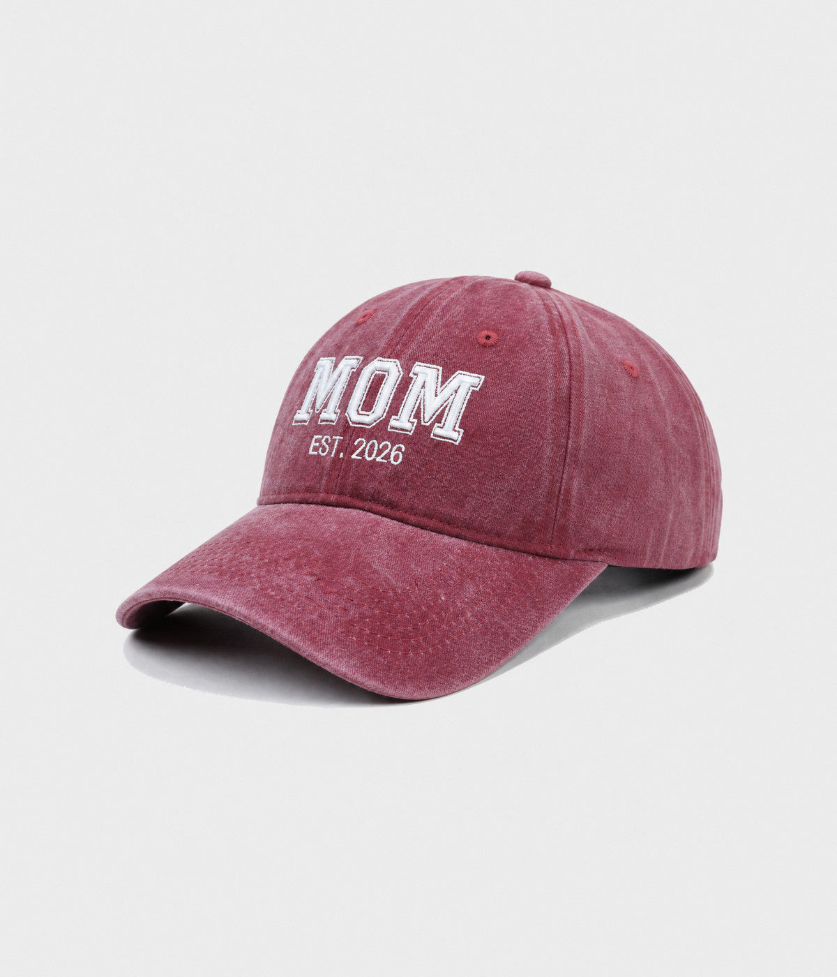 WASHED MOM EST 2026. washed cotton dad cap in RED, side view