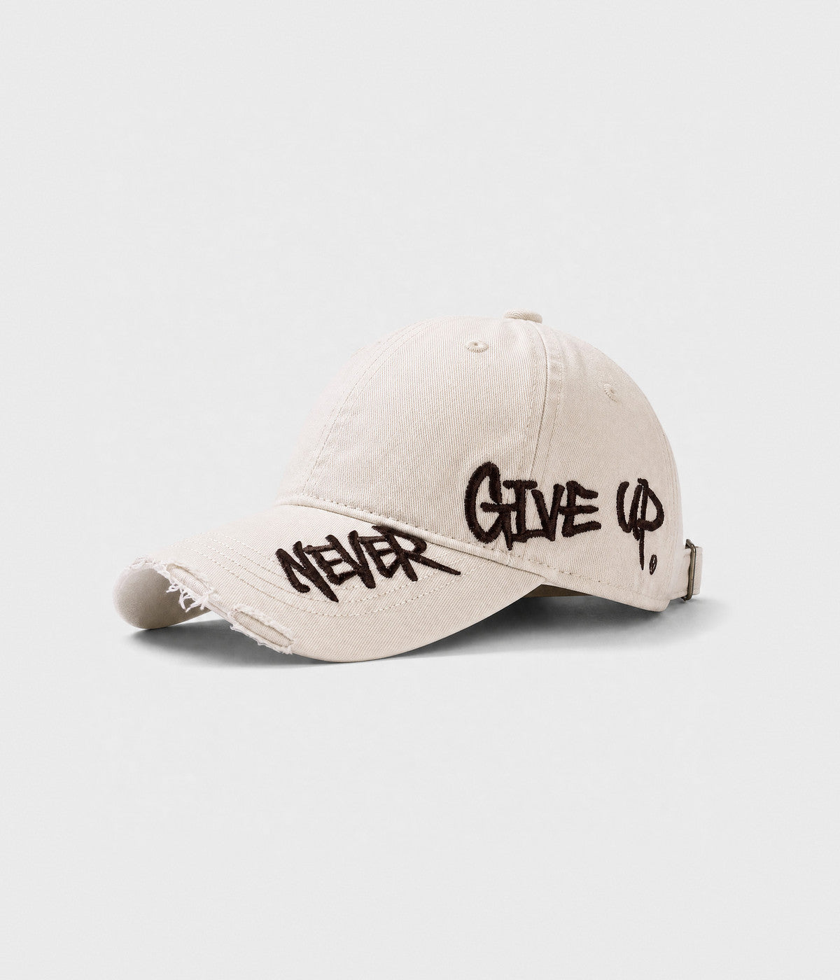 NEVER GIVE UP. washed distressed cotton dad cap in BEIGE, side view