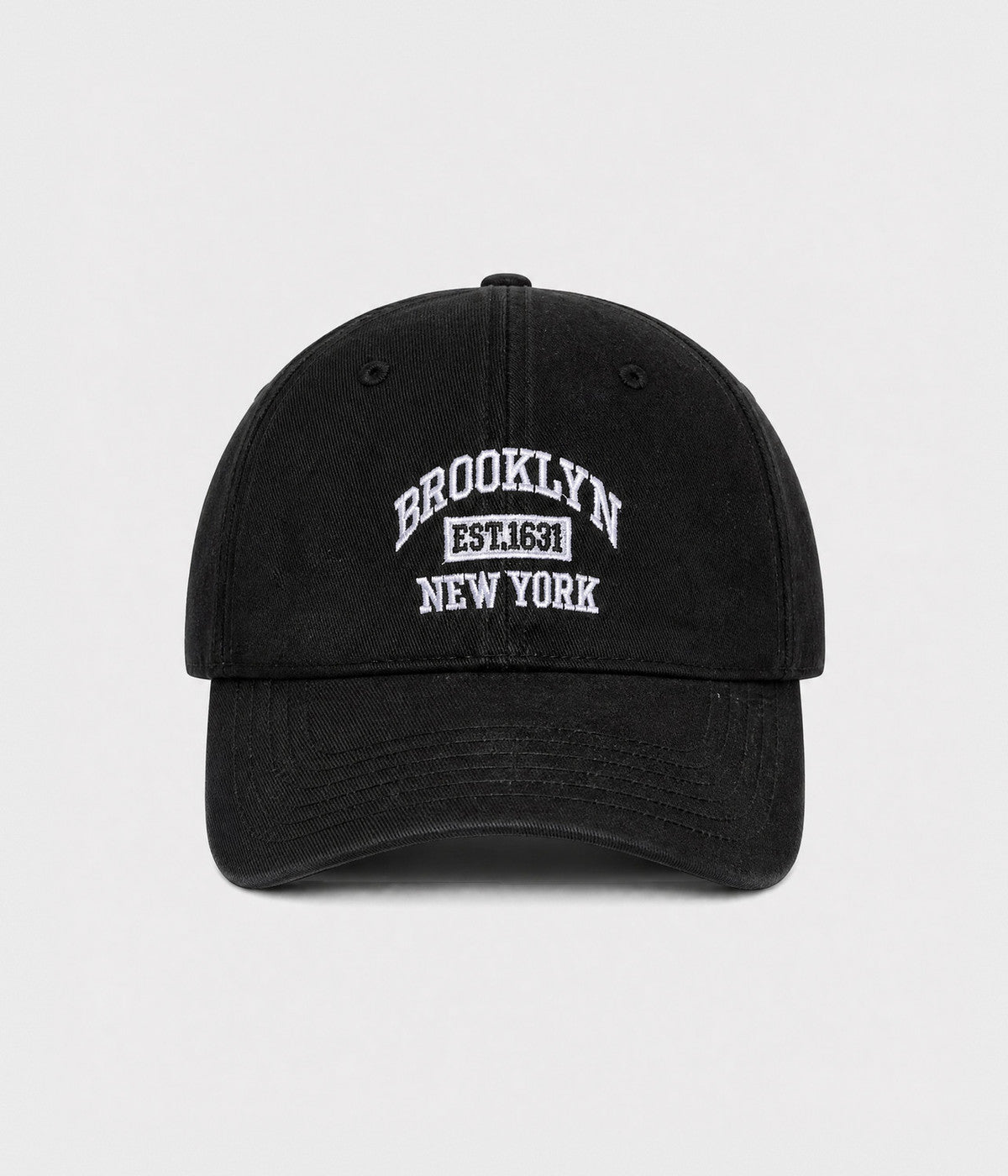 BROOKLYN NY. washed cotton dad cap in black, front view