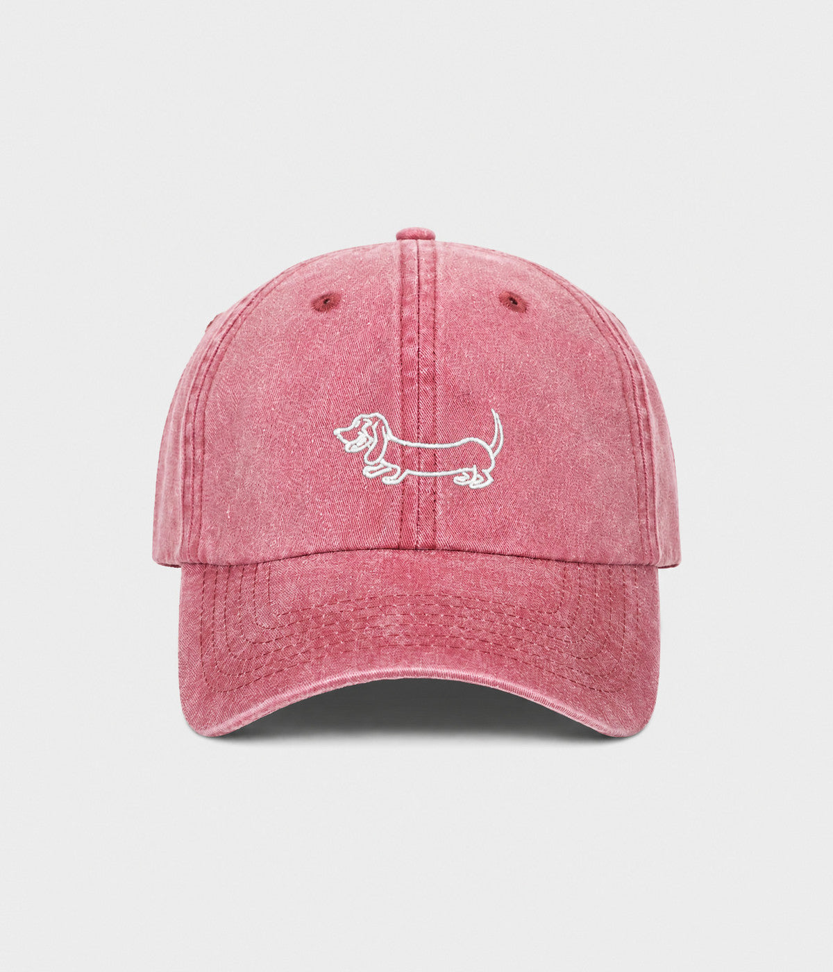 WASHED SAUSAGE DOG. washed cotton cap in PINK, front view
